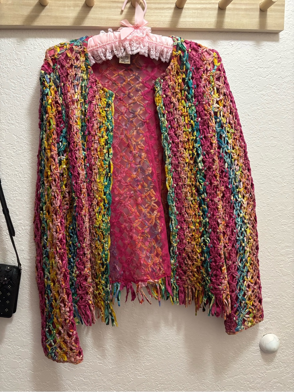 Sandy Starkman Vintage, Boho, knotted rag cardigan with fringe.